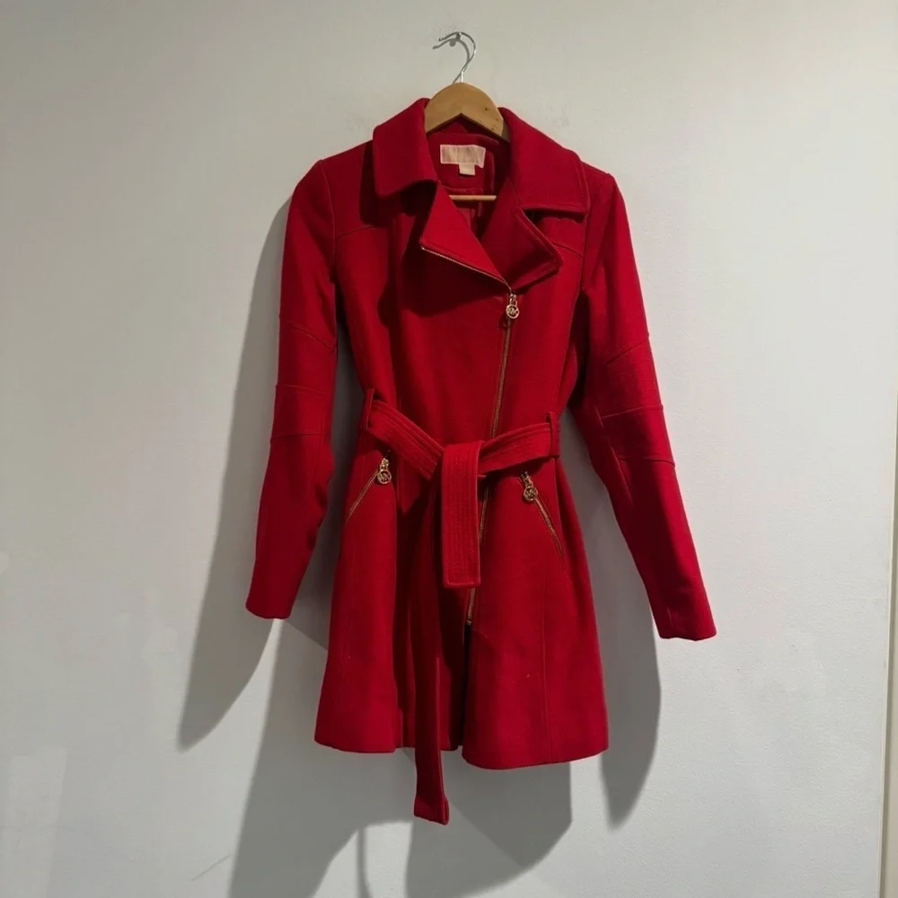 Michael Kors Red Belted Zip Wool Coat – Gold Hardware Small Designer Winter Coat